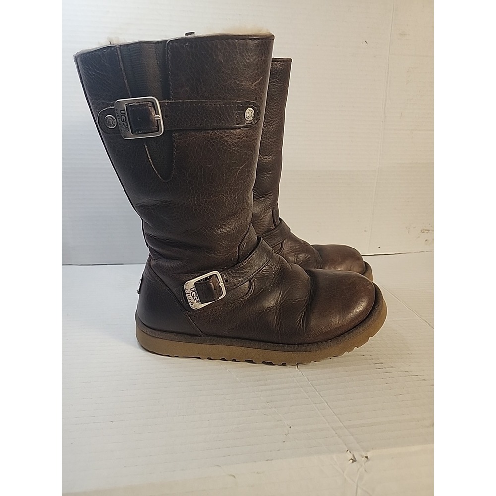 Ugg Kensington Size 4 Brown Distressed Leather‎ 1969 Sheepskin Youth Boot Zipper